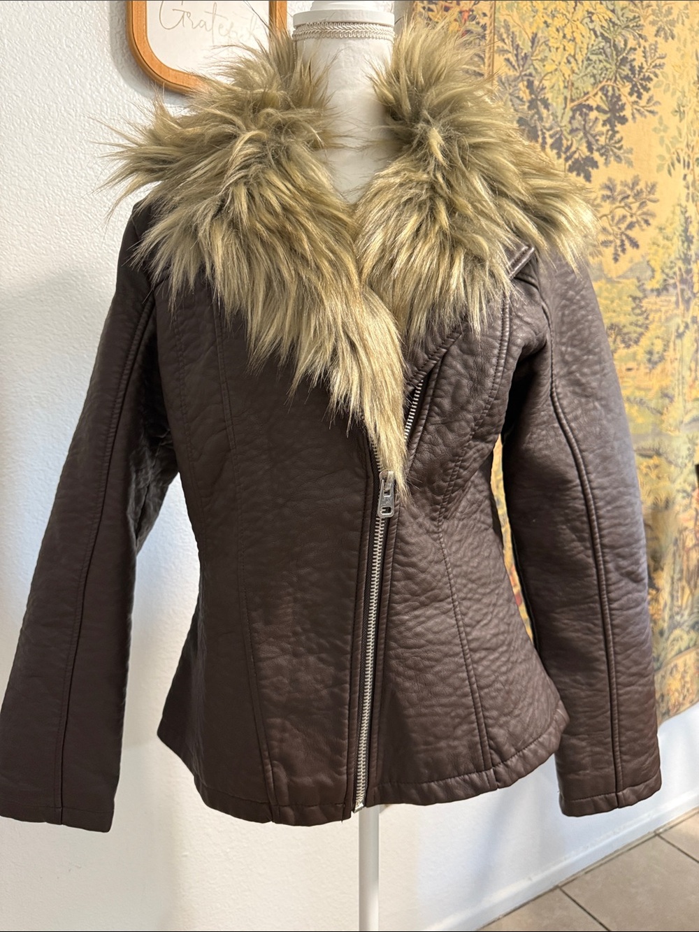 VENUS Brown Faux Leather Jacket with Tan Faux Fur Collar